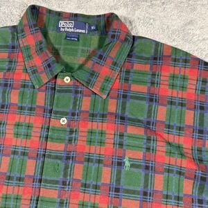 Vintage‎ 90s Polo Ralph Lauren Plaid 1/2 Button Polo Shirt Red Green Size XL